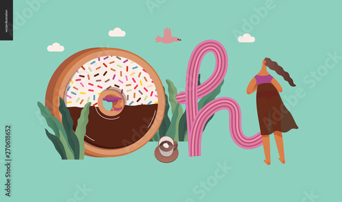 Dessert lettering - Oh - modern flat vector concept digital illustration of temptation font, sweet lettering and girls. Caramel, toffee, biscuit, waffle, cookie, cream and chocolate letters