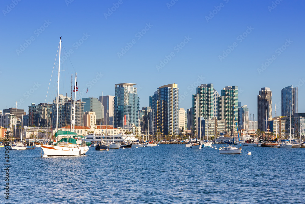 Fototapeta premium San Diego, panoramę miasta Kalifornia, miasto, morze, drapacze chmur, łodzie
