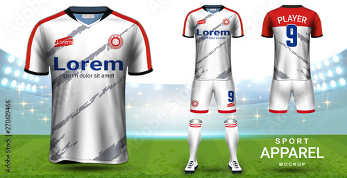 Soccer Jersey and Football Kit (Short Sleeve) Presentation Mockup Template, Front and Back View Including Sportswear Uniform, Shorts and Socks and it is Fully Customization for Fantasy Ideas Concept.