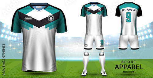 Soccer Jersey and Football Kit (Short Sleeve) Presentation Mockup Template, Front and Back View Including Sportswear Uniform, Shorts and Socks and it is Fully Customization for Fantasy Ideas Concept.