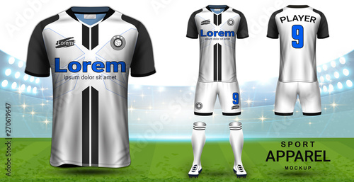 Soccer Jersey and Football Kit (Short Sleeve) Presentation Mockup Template, Front and Back View Including Sportswear Uniform, Shorts and Socks and it is Fully Customization for Fantasy Ideas Concept.