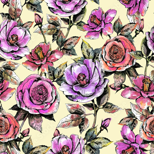 Seamless pattern with roses. Watercolor and graphics handmade.