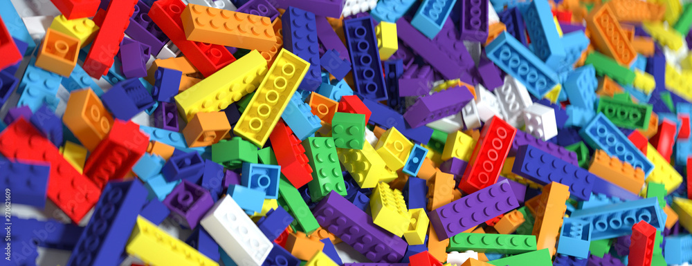 Colored toy bricks background. Rainbow colors. 3D Rendering