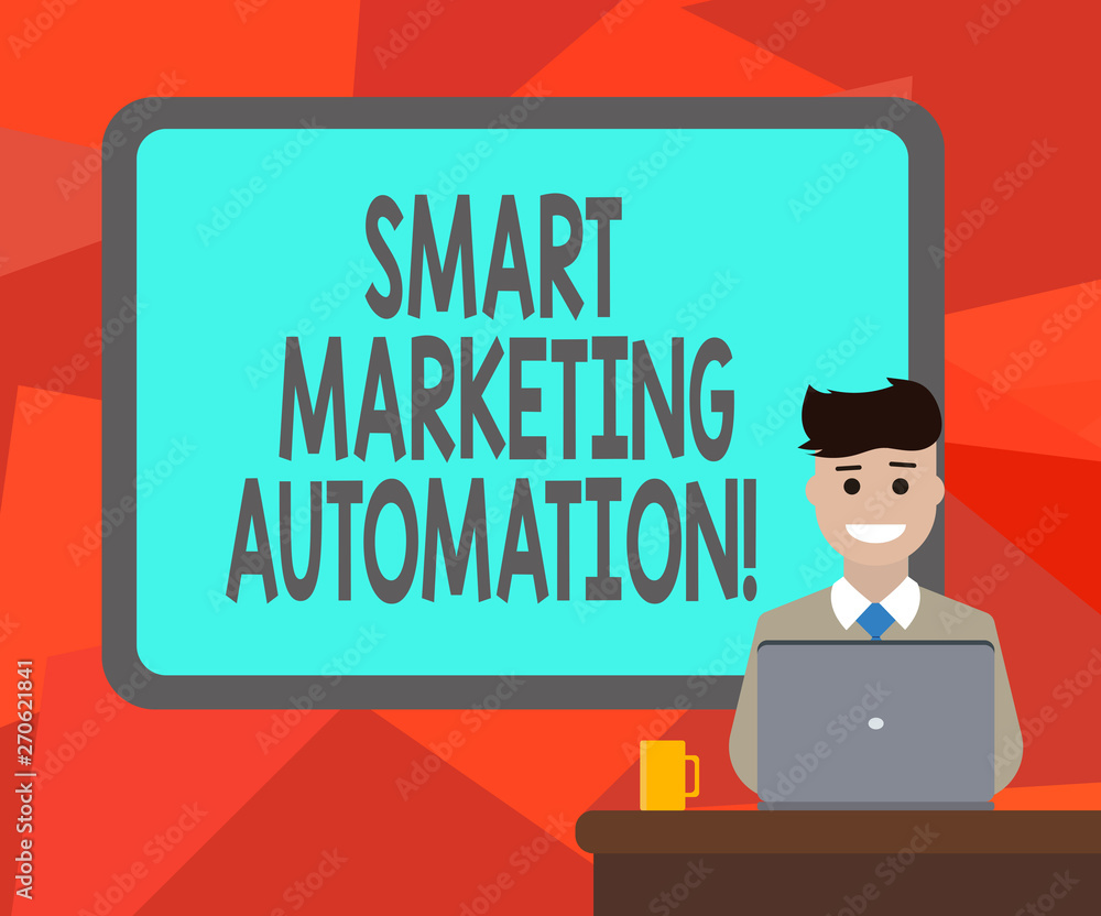 Word writing text Smart Marketing Automation. Business concept for Automate online marketing campaigns and sales Blank Bordered Board behind Man Sitting Smiling with Laptop Mug on Desk Word writing text Smart Marketing Automation. Business concept for Automate online marketing campaigns and sales Blank Bordered Board behind Man Sitting Smiling with Laptop Mug on Desk