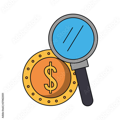 Magnifying glass searching coin money cartoons