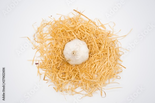 Garlic on the nest with isolated white background shooting in studio.