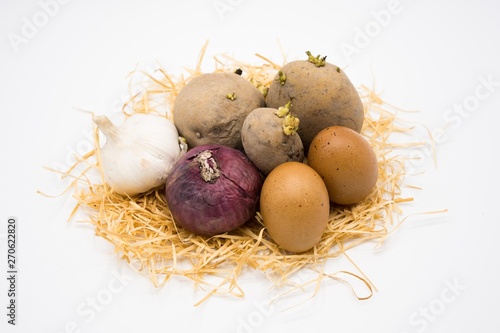 mix of egg potato onion and garlic on the nest with white background.