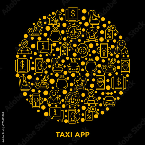 Taxi app concept in circle with thin line icons: payment method, promocode, app settings, info, support service, phone number, pointer, airport transfer, baby seat. Vector illustration for print media