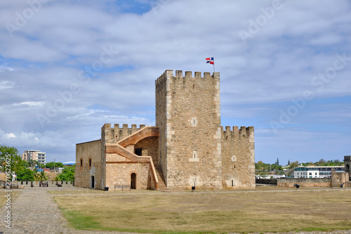 Scenic view of Ozama fortress (Fortaleza Ozama) in old colonial capital of Dominican Republic. Beautiful summer look of stronghold in historic center of old town in Santo Domingo. 