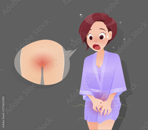 Cartoon woman in pink sleepwear with genital itching caused by the fungus. Vaginal Yeast Infection Symptoms. Concepts for illustration and vector design