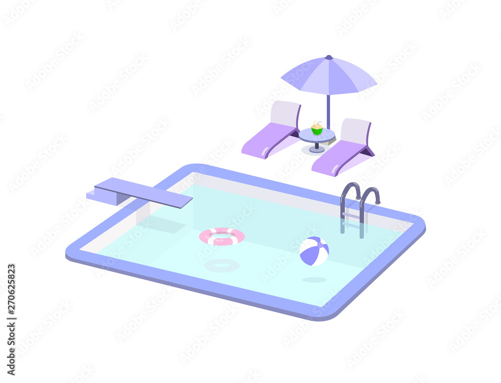 Swimming pool and pool chair set isolated on white background.