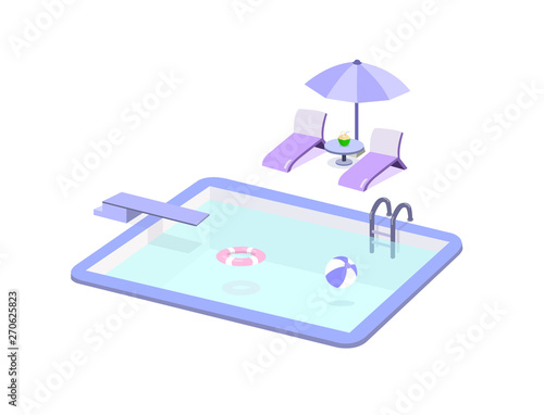 Swimming pool and pool chair set isolated on white background.