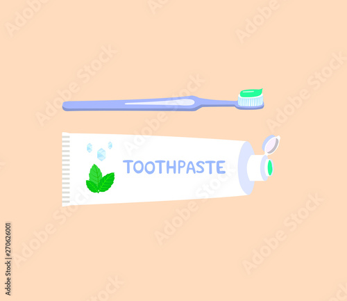 Herbal toothpaste and toothbrush isolated on pink background. 