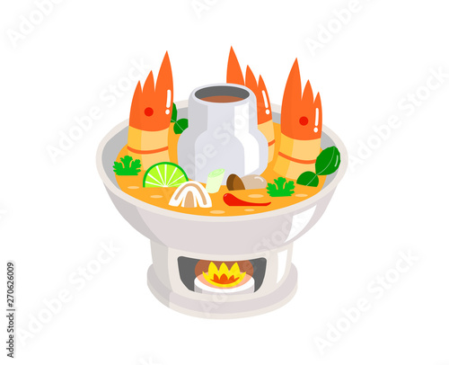Tom Yum Kung in hot pot isolated on white background.