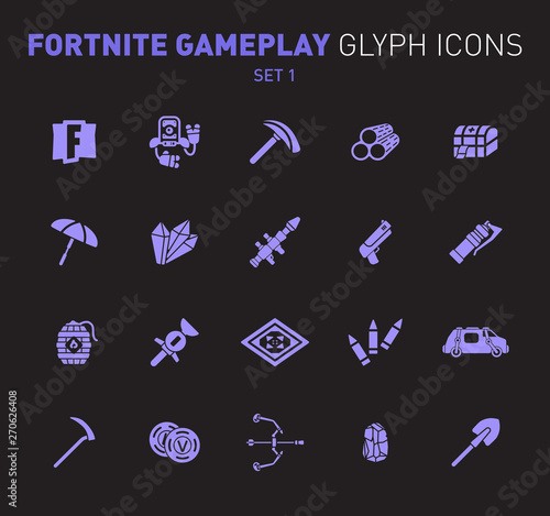 Popular epic game glyph icons. Vector illustration of military facilities. Robot, Slurp Juice, logs, aid kit, and weapons. Solid flat design. Set 1 of violet icons isolated on black background.