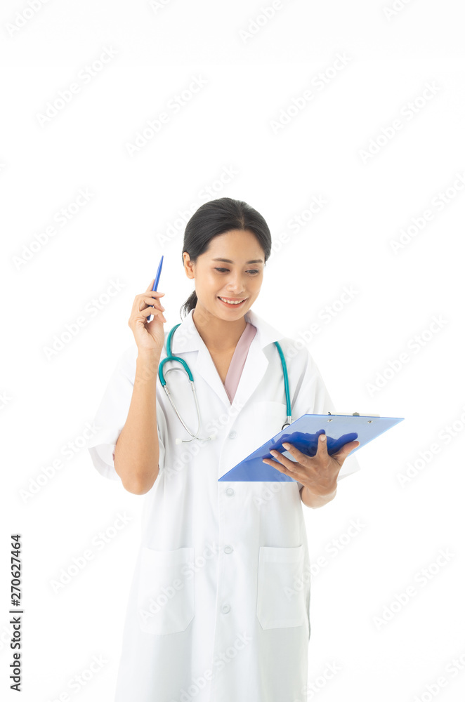 The Asian female doctor with uniform and stethoscope on neck The Asian female doctor with uniform and stethoscope on neck