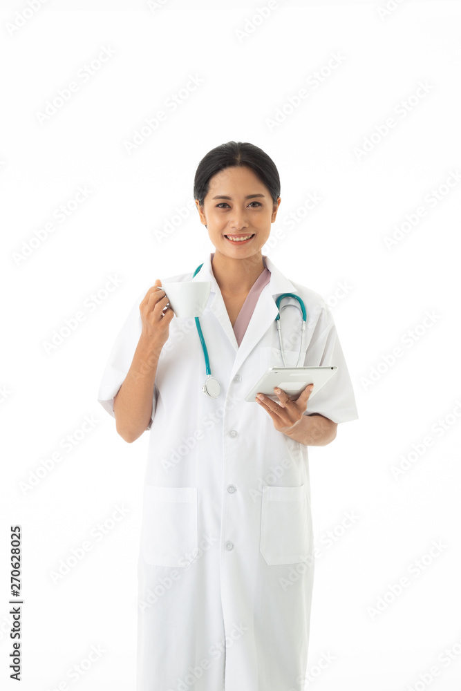 The Asian female doctor with uniform and stethoscope on neck The Asian female doctor with uniform and stethoscope on neck