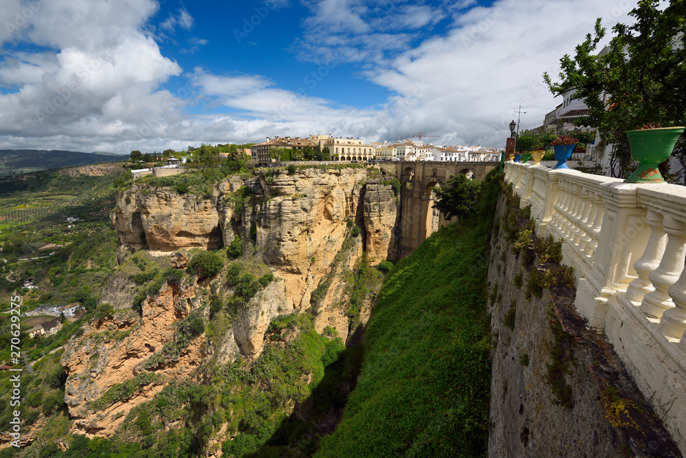 View of the El Tajo Gorge and new bridge from Mondragon Palace Ronda Spain