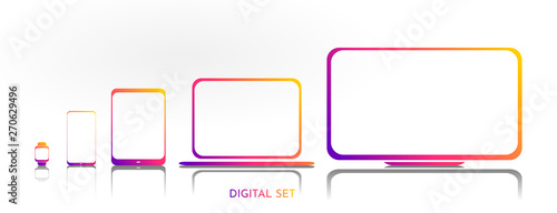 A set of simple icons in a flat style. Computer, laptop, tablet, smartphone and smart watch. 