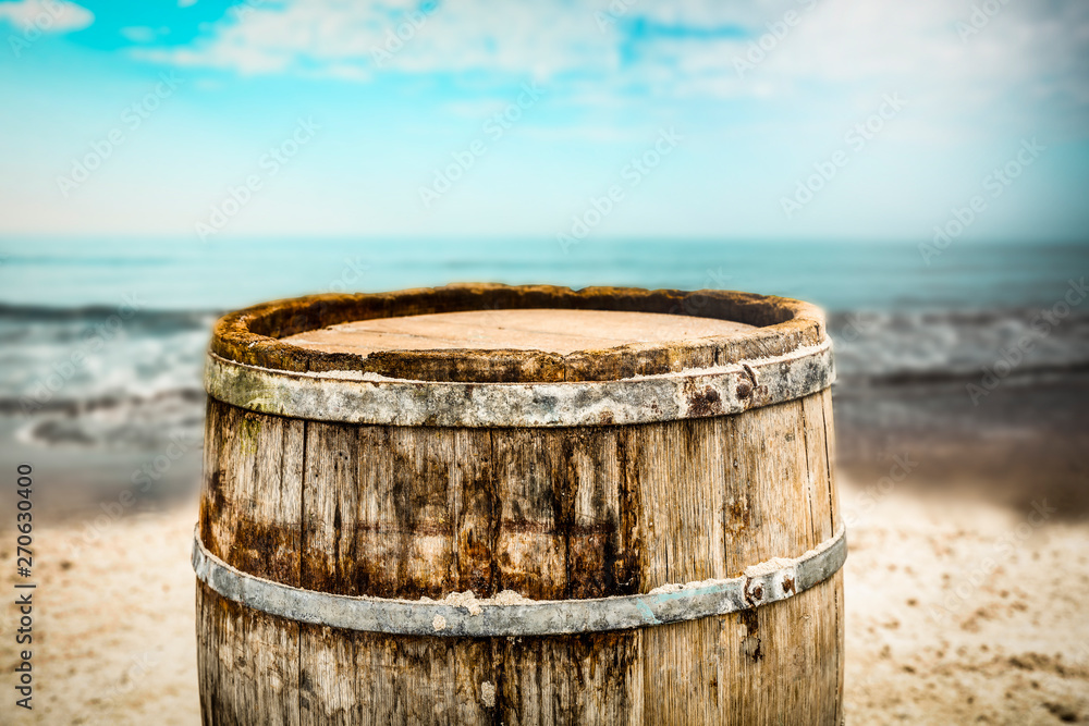 Barrel background on beach and summer landscape of sea 