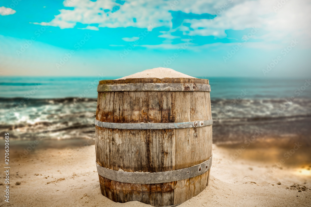 Barrel background on beach and summer landscape of sea Barrel background on beach and summer landscape of sea