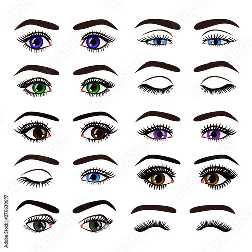 Vector illustration of beautiful female woman eyes and brows in different emotions set collection on white background.