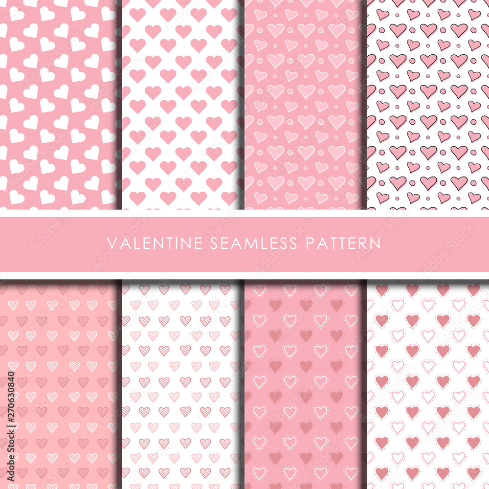 Hand drawn valentine hearts seamless pattern set.