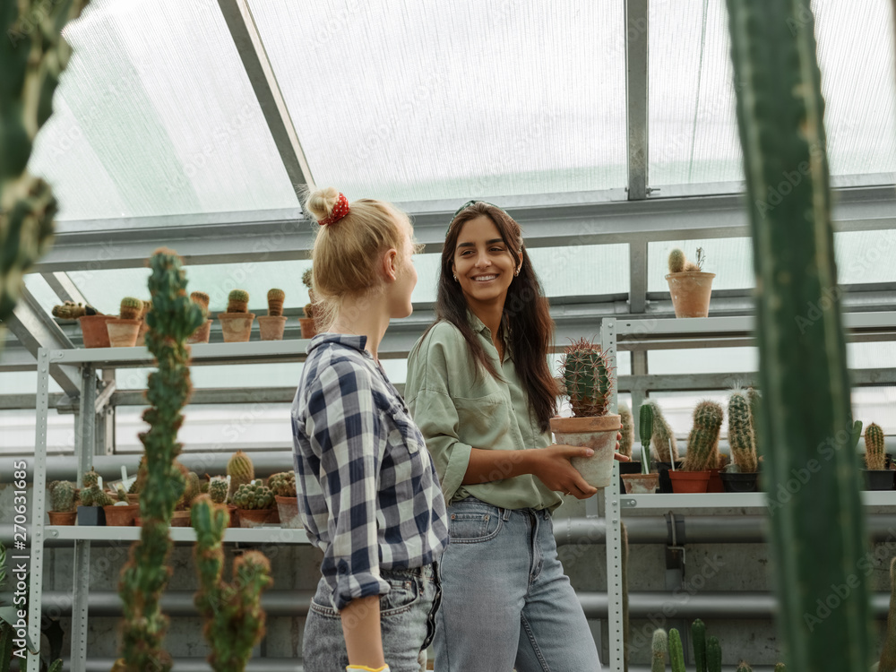 Cheerful coworking girls in greenhouse Cheerful coworking girls in greenhouse