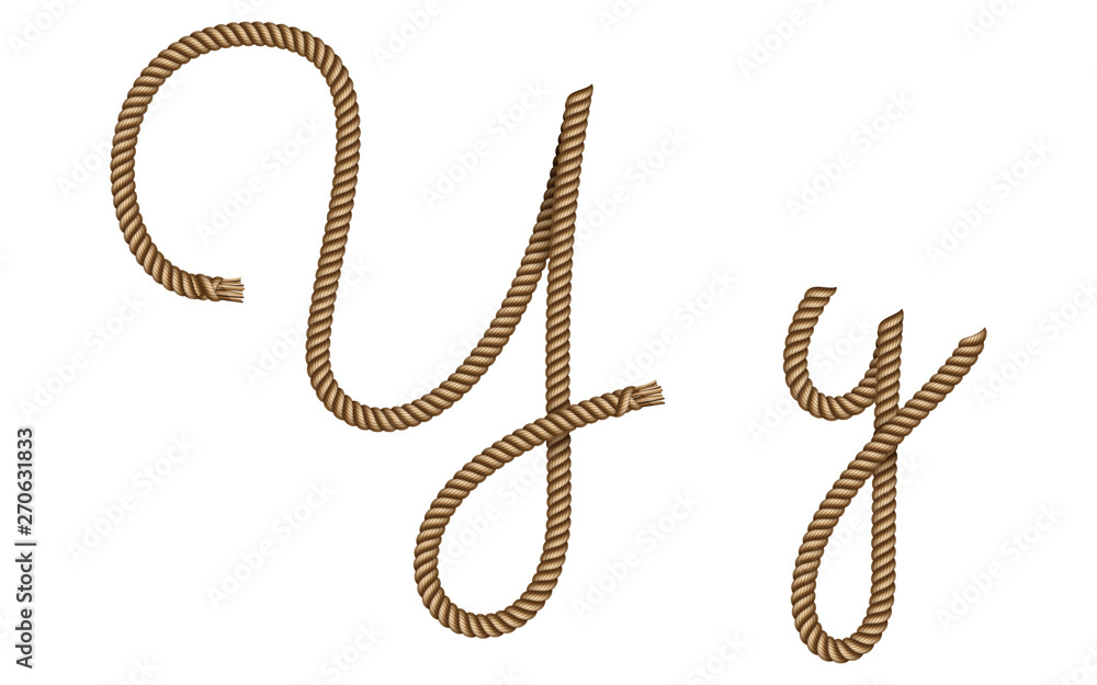 Rope hand drawn font, 3d realistic effect, capital uppercase and lowercase letters Y. Vector illustration EPS 10