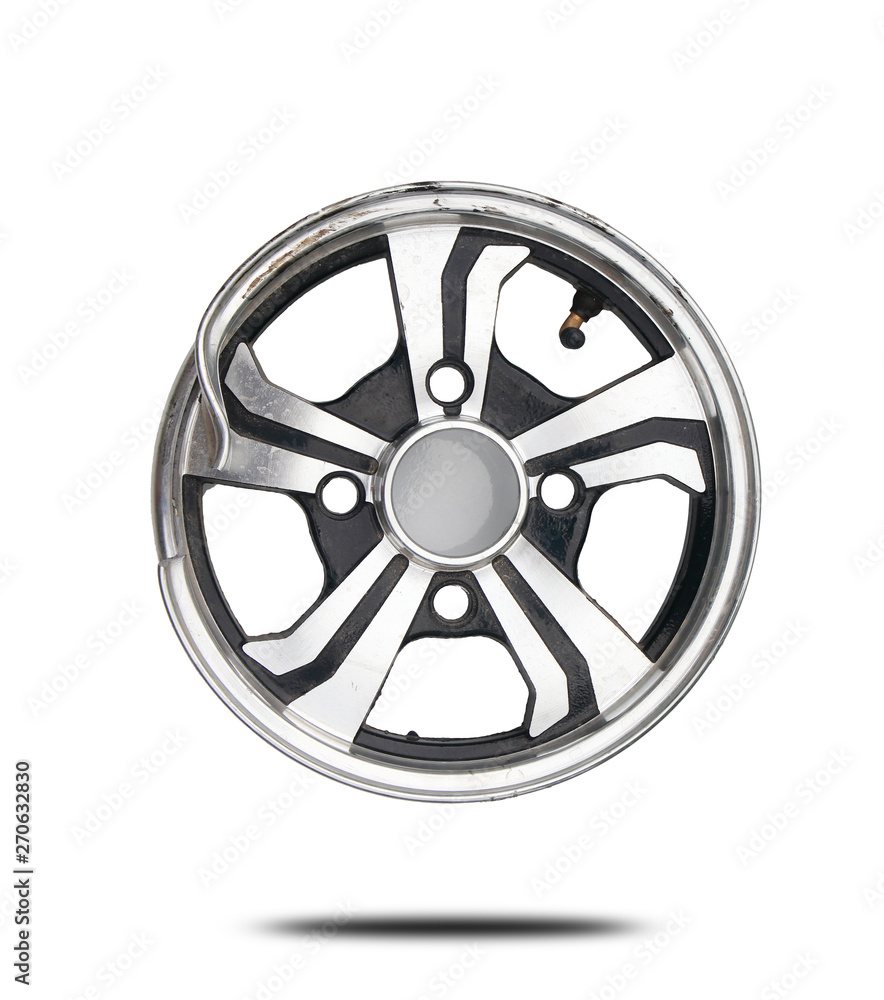 Fototapeta premium Broken alloy car wheel ripped isolated on white background