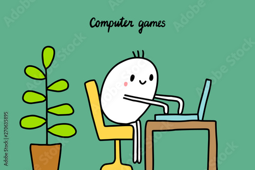 Computer games hand drawn vector illustration in cartoon stye. Men sitting with laptop