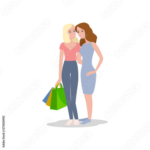 Two happy smiling girlfriends return from mall shopping