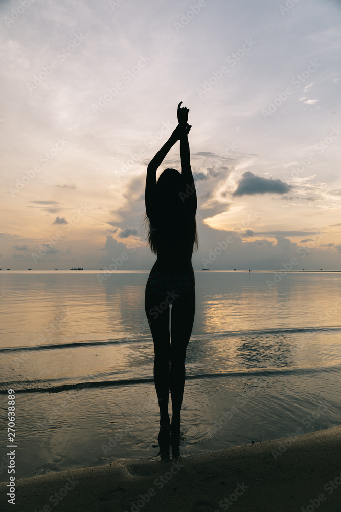 Silhouette of a beautiful woman on the beach Stock Photo | Adobe Stock