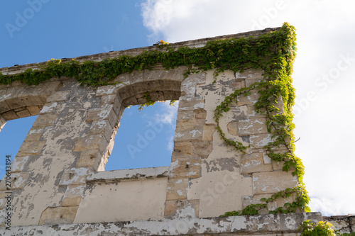 Ruined house facade without roof surrounded with overgrown green vegetation Abandoned