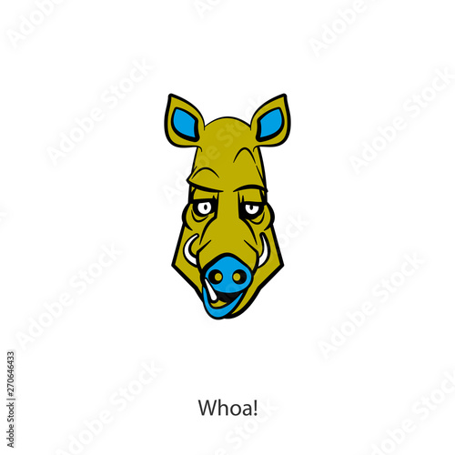The head of a funny cool boar on a white background. Sticker, pattern, background, wall decoration. Vector illustration. Cartoon character forest dweller and steppe. Whoa!