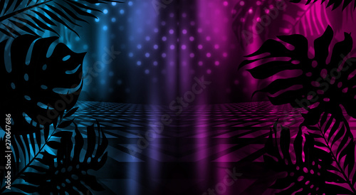 Background of empty dark scenes with neon lights and shapes  smoke. Silhouettes of tropical palm leaves in the foreground. Bright futuristic abstract background