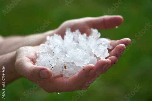 large pieces of ice hail in the palm of your hand. man holding a handful of large hailstones. consequences of natural anomalies.