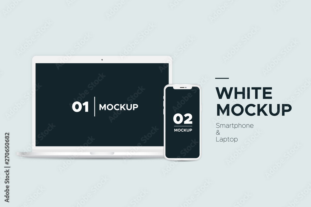 Mobile smartphone and laptop white mockup with blank screen isolated on