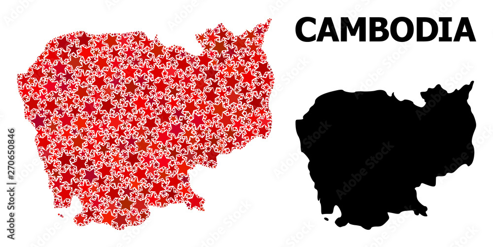 Red Starred Mosaic Map of Cambodia