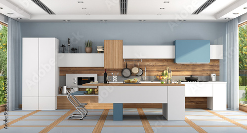 Fototapeta Naklejka Na Ścianę i Meble -  White and blue modern kitchen