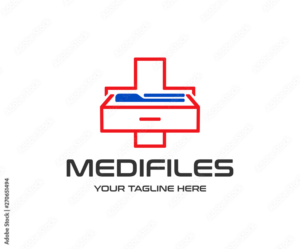Medical information logo design. Medical record archive vector design. Medical cross with documents and folders logotype Medical information logo design. Medical record archive vector design. Medical cross with documents and folders logotype