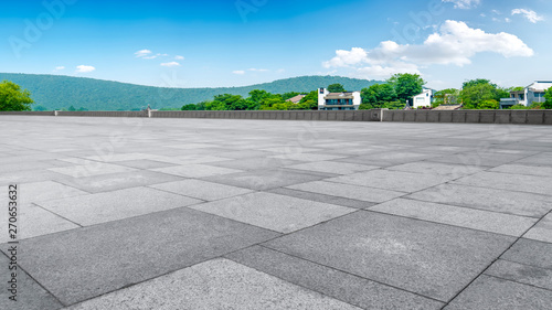 Empty Plaza Floor Bricks and Beautiful Natural Landscape