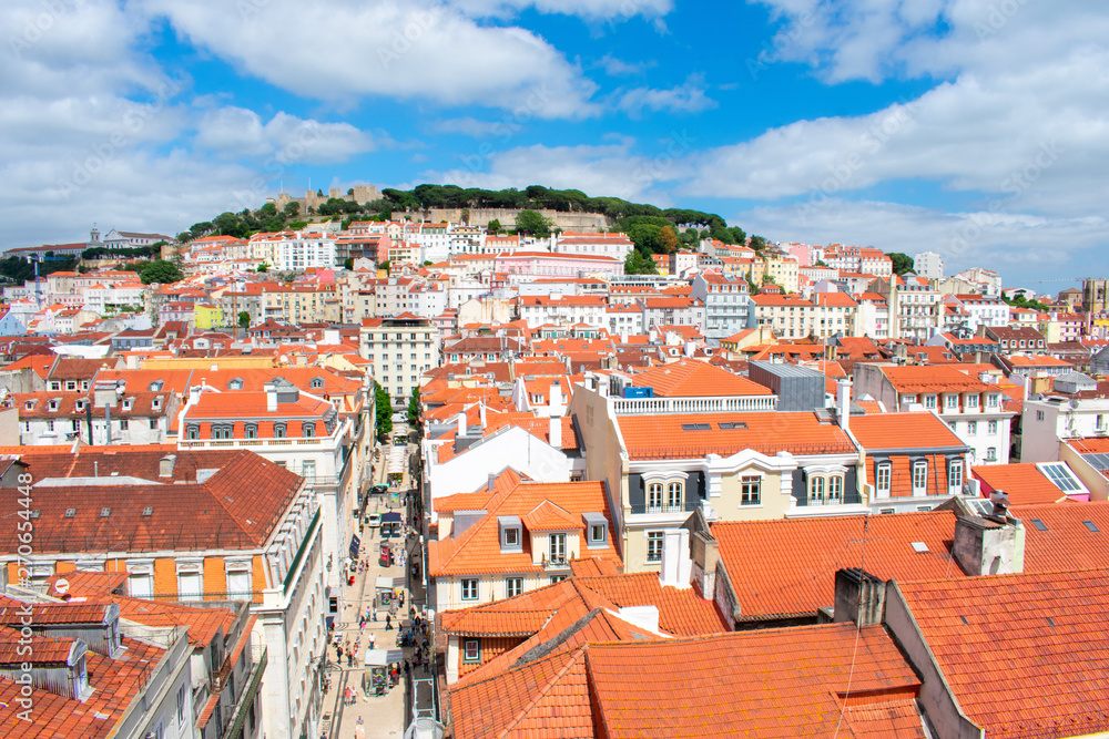 Aerial view on buildings and orange roofs in Lisbon, Portugal. View from Above on city and architecture