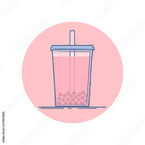 Vector icon of bubble tea in a cup for take away. Isolated in circle. Flat design. Blue and pink colors.