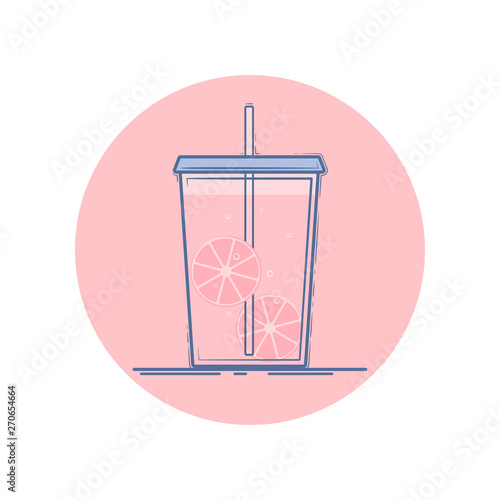 Vector icon of lemonade in a cup for take away. Isolated in circle. Flat design. Blue and pink colors.