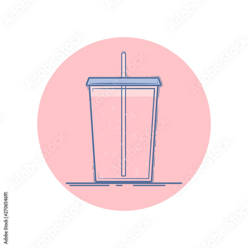 Vector icon of soda pop, sparkling water in a cup for take away. Isolated in circle. Flat design. Blue and pink colors.