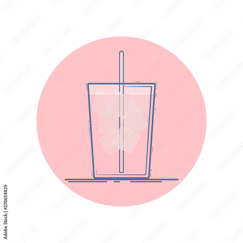 Vector icon of drink in a glass with straw and ice cubes. Isolated in circle. Flat design. Pink colors. Vector icon of drink in a glass with straw and ice cubes. Isolated in circle. Flat design. Pink colors.