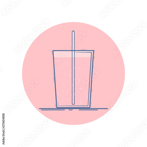Vector icon of glass with soda pop, sparkling water. Isolated in circle. Flat design. Pink colors.