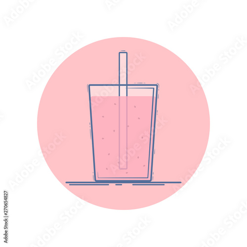 Vector icon of glass with smoothie, milk shake, fresh. Isolated in circle. Flat design. Pink colors.