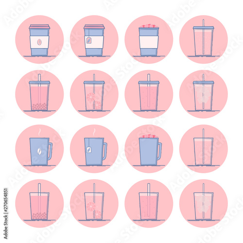 Vector set of beverage icons. Hot drinks - coffee, tea, cocoa, hot chocolate with marshmallow. Cold - lemonade, soda pop, smoothie, bubble tea, ice tea. Isolated in circle. Flat design.